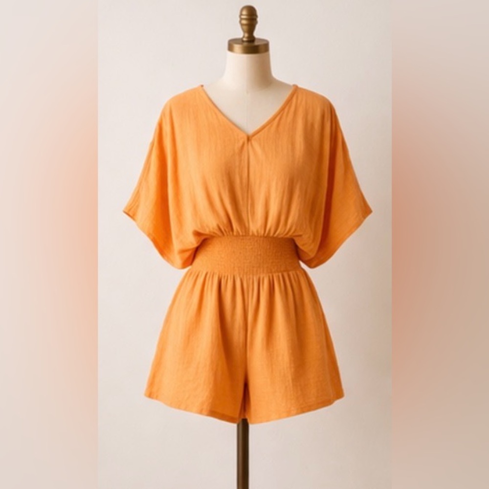 Free People Pietro Tie Back Romper Suntan Orange Oversized Smocked Size S NEW